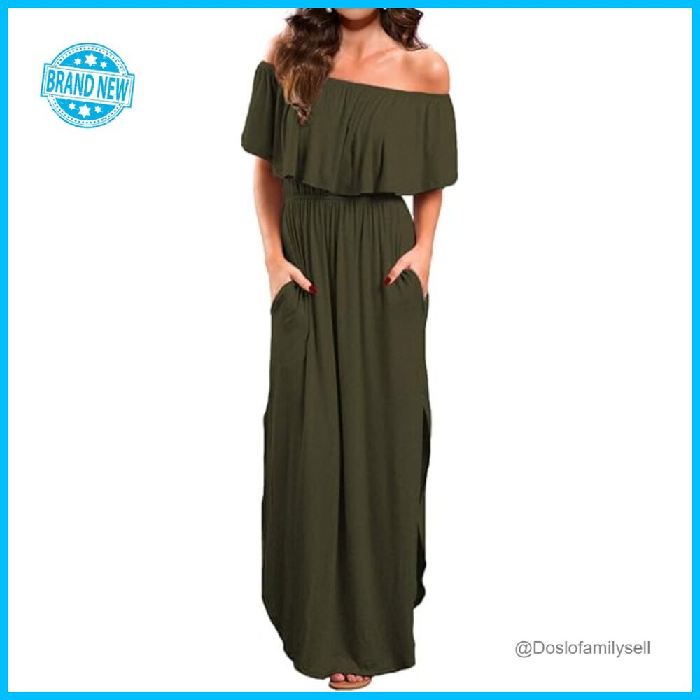 Off Shoulder Ruffle Maxi Dress with Pockets Elegant Boho Summer Beach Wear
